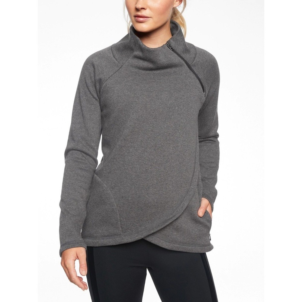 Athleta Pullover Cozy Karma Asym Wrap M Grey Fleece Tulip Hem Activewear